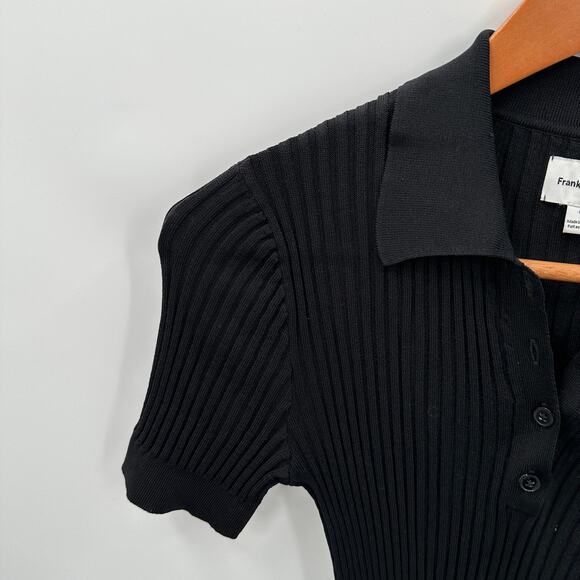 FRANK & OAK Ribbed Black Short Sleeve Collared Top // M - Picture 3 of 8